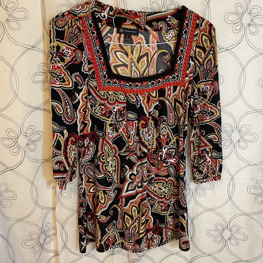 Women Inc International Concepts Paisley Boho Pleated Stretch Blouse Size Small